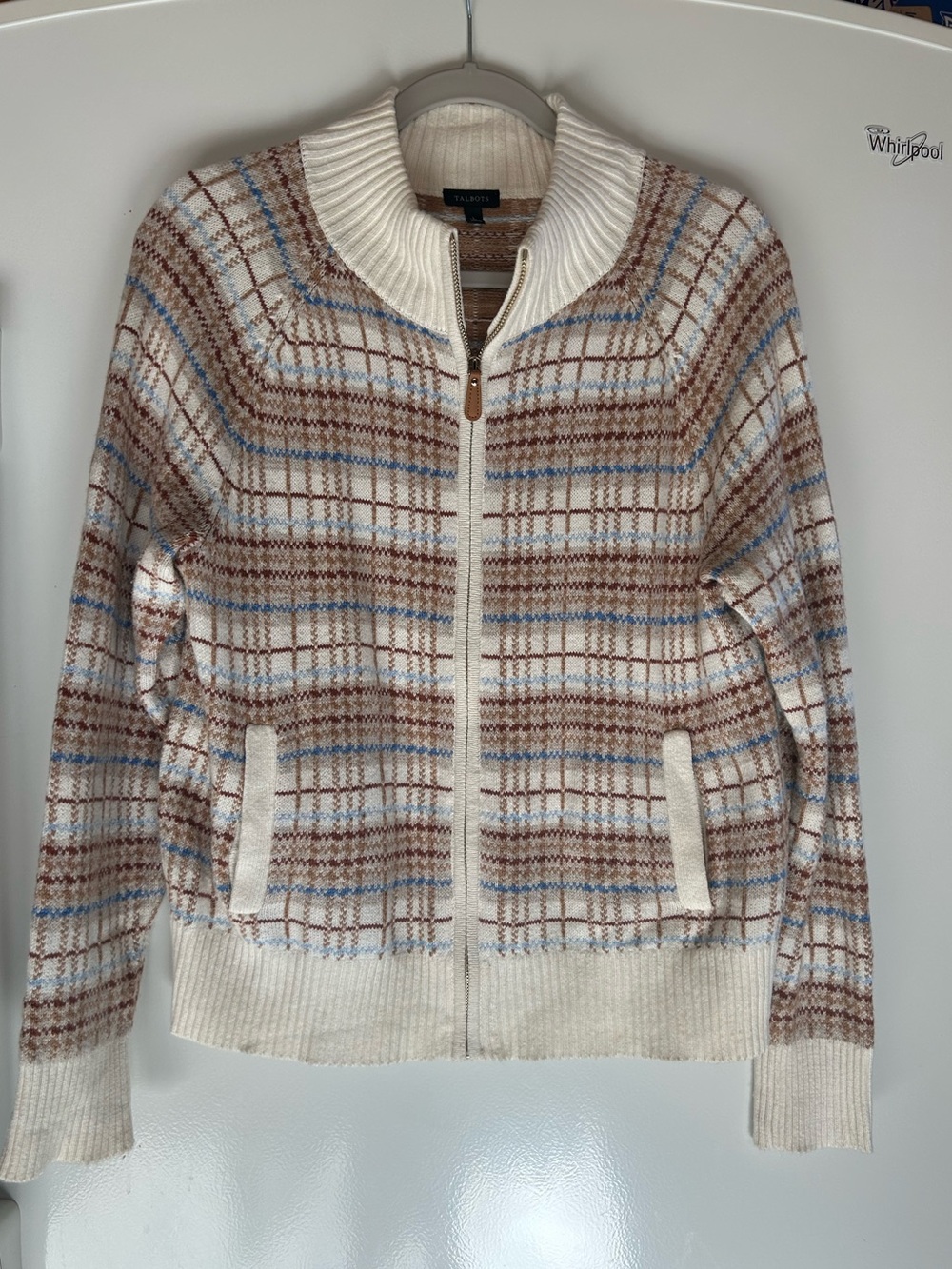 Talbots Plus L Plaid Zip Up Cardigan Sweater Women Cream Brown Old Money Luxury